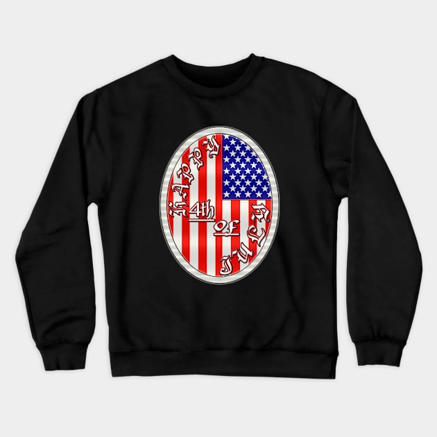 Happy 4th of July Flag Design - Fourth of July US American Flag Pendent Emblem - White Ring, White, Black and Red Letters Crewneck Sweatshirt by CDC Gold Designs